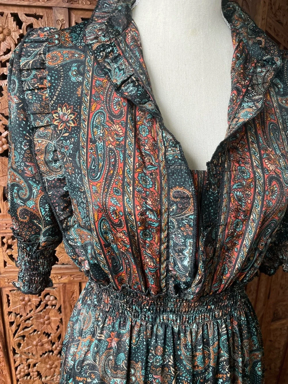 Vintage Boho Festival Western Paisley Tiered Ruffle Maxi Dress - Picture 12 of 16